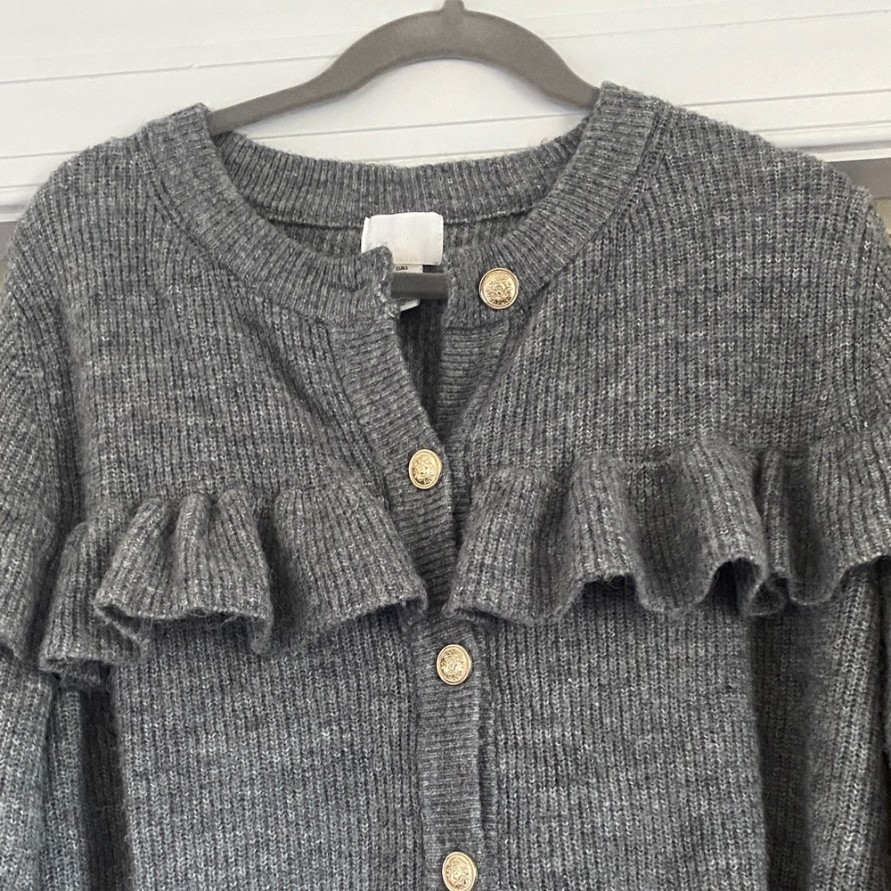 H&M Gray Marled Ruffle Cardigan Ribbed Button Front Soft Cozy S - Picture 2 of 9